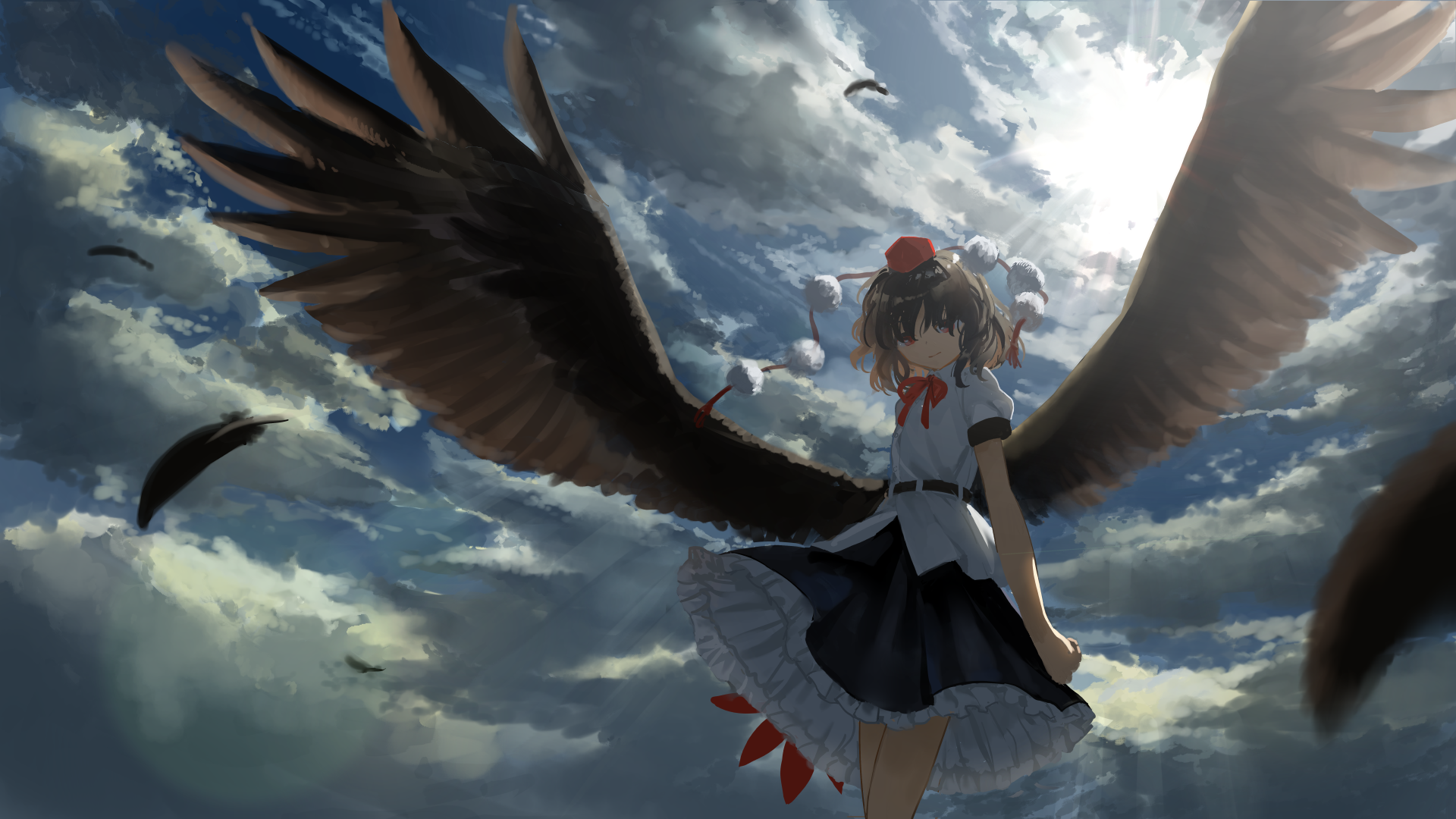 Aya Shameimaru from Touhou stands with large black wings spread against a dramatic cloudy sky in this HD anime desktop wallpaper.