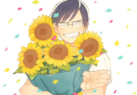 HD anime desktop wallpaper featuring Tenya Iida from My Hero Academia holding a bouquet of sunflowers with colorful confetti in the background.
