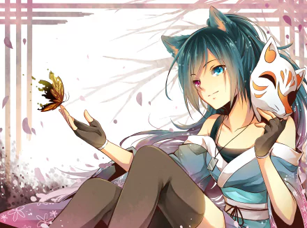 HD desktop wallpaper featuring an original anime character with heterochromia, holding a fox mask and a butterfly. Background has soft pastel tones with falling petals.