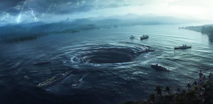 HD PC desktop wallpaper featuring a dramatic ocean whirlpool scene from the movie Pacific Rim: Uprising with ships surrounding the swirling water.