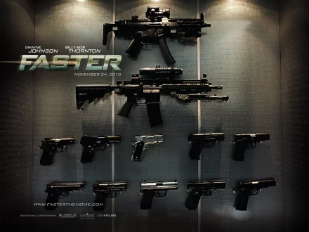 HD PC desktop wallpaper of the movie Faster: rifles and handguns mounted on a dark wall with the film title and release text.
