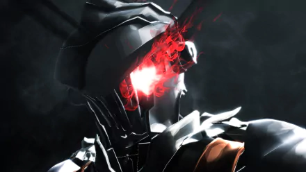 HD desktop wallpaper featuring Goblin Slayer in an intense, dark setting with vivid red lighting emanating from his eye.