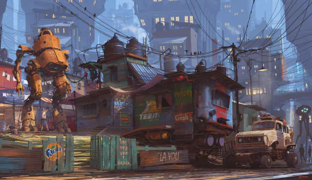 Futuristic cityscape featuring a sci-fi vehicle and robot amid urban buildings and neon signs, creating a vibrant, high-tech atmosphere in this HD desktop wallpaper.