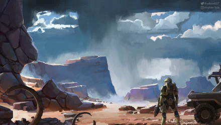 HD desktop wallpaper featuring a scene from the video game Halo Infinite, showcasing a character in armor standing in a rocky, desert-like landscape under a dramatic sky with clouds.