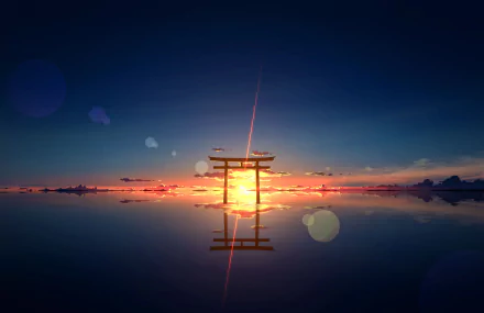 HD desktop wallpaper of an anime-inspired shrine at sunset, featuring a torii gate reflecting over serene water with a vibrant sky backdrop.