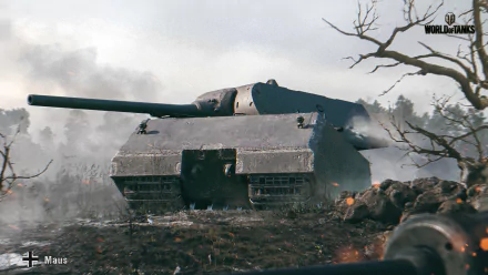 World of Tanks video game HD PC desktop wallpaper and background showing a massive Maus super-heavy tank advancing across a smoky, muddy battlefield with barren trees