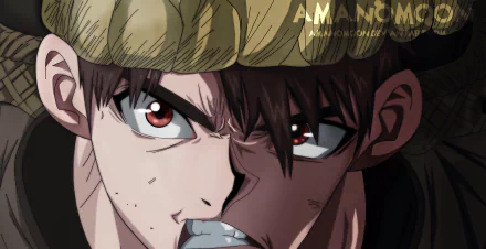 Close-up of Taiju Oki from Dr. Stone with an intense glare and clenched jaw, dramatic shadows — 2K Quad HD anime desktop wallpaper.