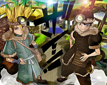 4K Ultra HD anime wallpaper featuring Senku Ishigami and Taiju Oki from Dr. Stone, showcasing their adventurous spirit in detailed vibrant colors.