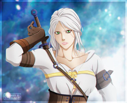 HD PC desktop wallpaper featuring a stylized character from the video game The Witcher 3: Wild Hunt, with white hair and a sword against a blue, glowing background.