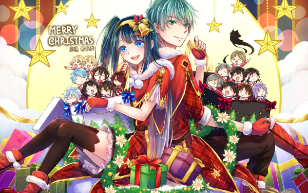 Anime Christmas HD PC desktop wallpaper featuring festive characters in vibrant holiday attire surrounded by stars and presents, capturing a joyful seasonal celebration.