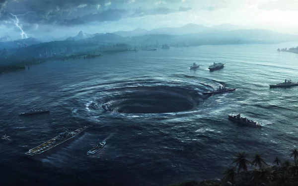 HD PC desktop wallpaper featuring a dramatic ocean whirlpool scene from the movie Pacific Rim: Uprising with ships surrounding the swirling water.