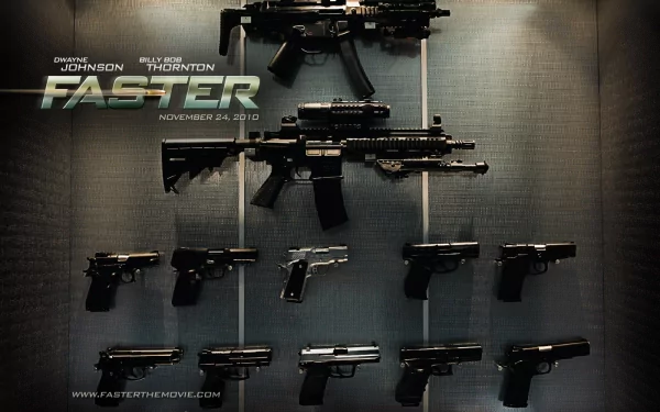 HD PC desktop wallpaper of the movie Faster: rifles and handguns mounted on a dark wall with the film title and release text.