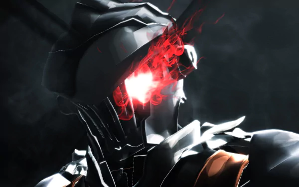 HD desktop wallpaper featuring Goblin Slayer in an intense, dark setting with vivid red lighting emanating from his eye.