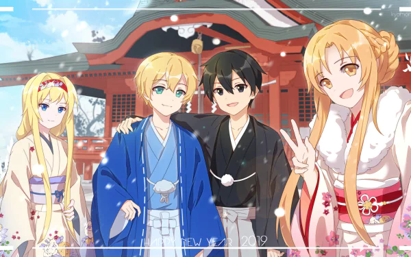 Anime characters from Sword Art Online: Alicization, including Alice Zuberg, Asuna Yuuki, Eugeo, and Kazuto Kirigaya in kimonos, pose together in front of a temple for a New Year 2019 celebration.