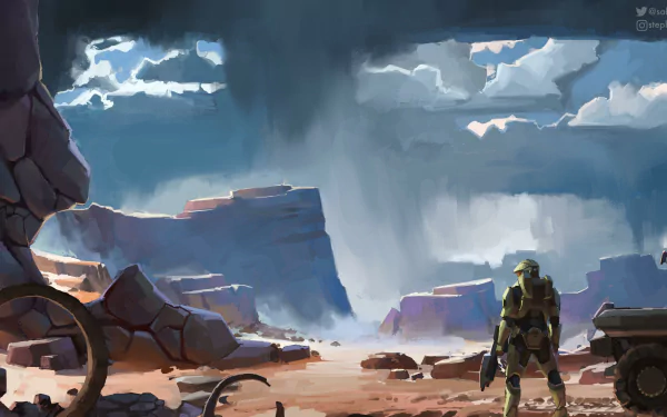 HD desktop wallpaper featuring a scene from the video game Halo Infinite, showcasing a character in armor standing in a rocky, desert-like landscape under a dramatic sky with clouds.