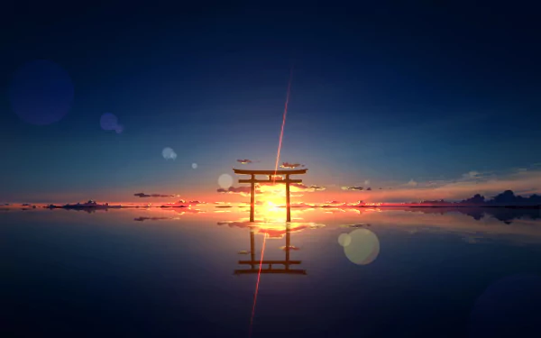 HD desktop wallpaper of an anime-inspired shrine at sunset, featuring a torii gate reflecting over serene water with a vibrant sky backdrop.