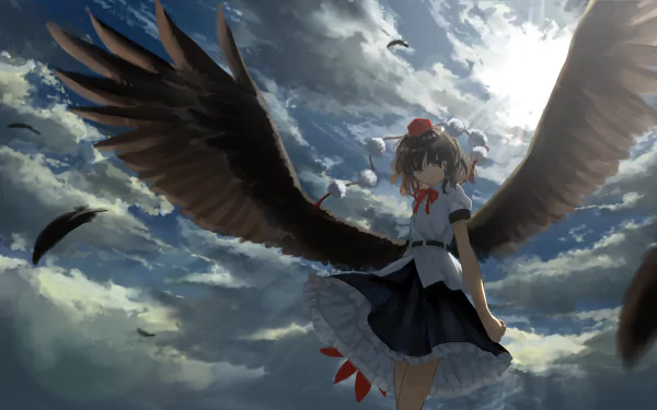 Aya Shameimaru from Touhou stands with large black wings spread against a dramatic cloudy sky in this HD anime desktop wallpaper.