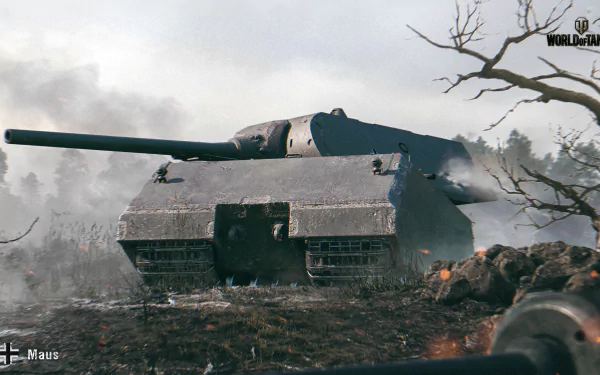 World of Tanks video game HD PC desktop wallpaper and background showing a massive Maus super-heavy tank advancing across a smoky, muddy battlefield with barren trees
