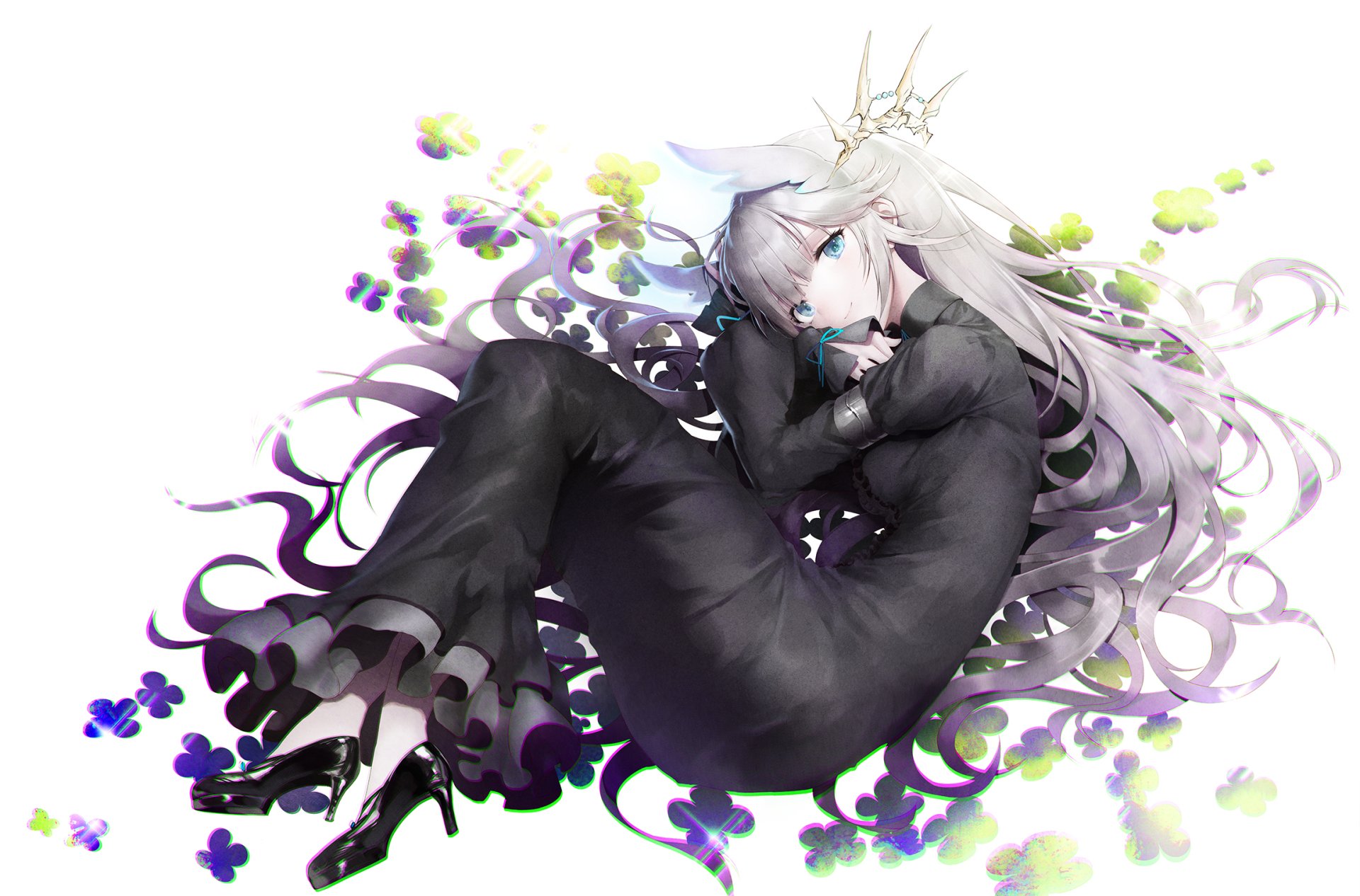 Anime-style original character with long blonde hair in a ponytail, dressed in black, lying amidst scattered flowers on a bright HD desktop wallpaper.