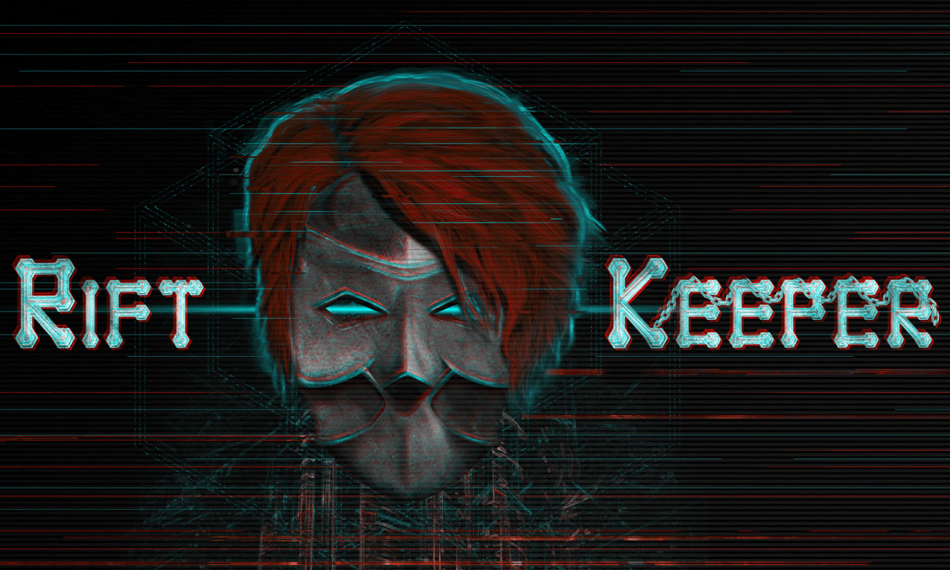HD wallpaper featuring a stylized, glitch-art depiction of a figure with the text Rift Keeper for a desktop background.