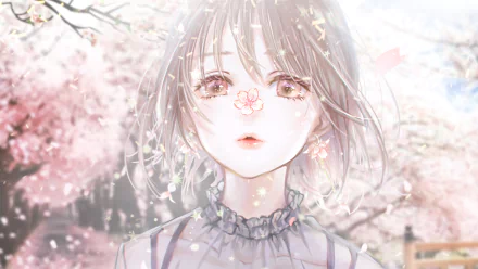 Anime art of a girl with short hair, standing among cherry blossoms during spring. The HD wallpaper features soft pastel tones and delicate falling petals, creating a serene and dreamy background.