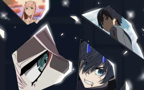 HD desktop wallpaper from Darling in the FranXX featuring collage-style frames of characters Zero Two and Hiro set against a night sky background.