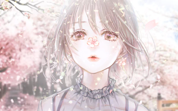 Anime art of a girl with short hair, standing among cherry blossoms during spring. The HD wallpaper features soft pastel tones and delicate falling petals, creating a serene and dreamy background.