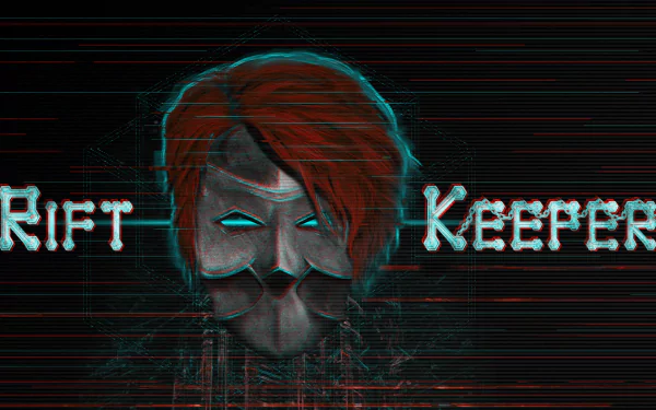HD wallpaper featuring a stylized, glitch-art depiction of a figure with the text Rift Keeper for a desktop background.