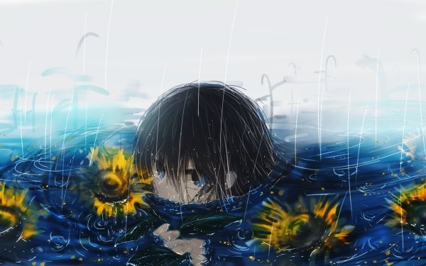 Anime Original Long Hair Black Hair Blue Eyes Rain Sunflower HD Wallpaper | Background Image
