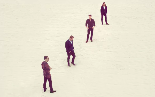 A high-definition desktop wallpaper featuring Mumford & Sons, showcasing the band members standing in a minimalist, open landscape.