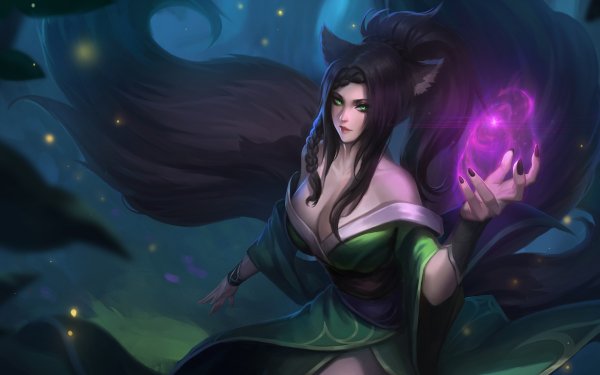Fantasy Women Green Eyes Animal Ears Black Hair Magic Tail Oriental HD Wallpaper | Background Image