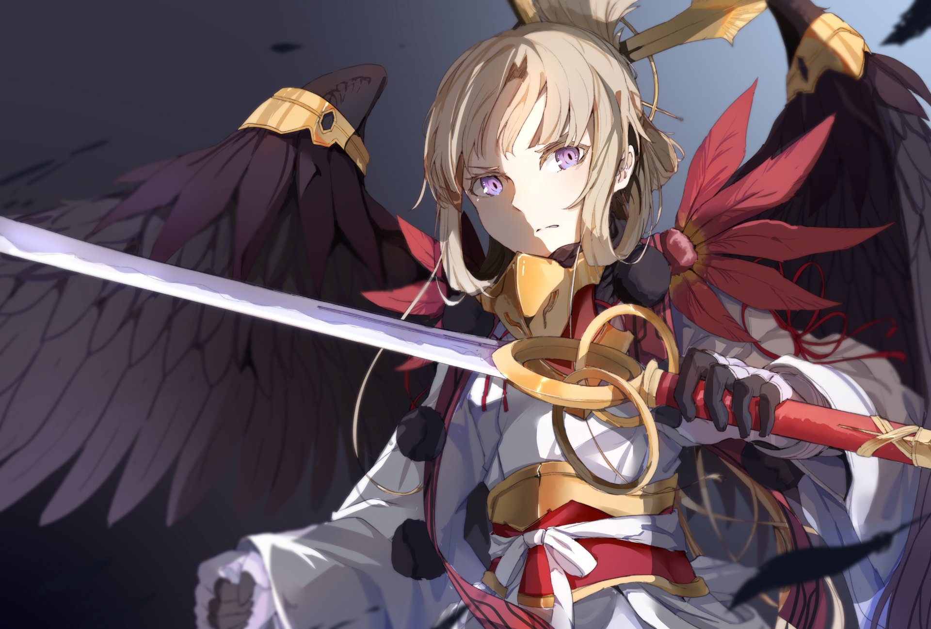 Nogi Wakaba from Yuki Yuna is a Hero anime, poised with a glowing sword and dark wings, set against a dramatic HD desktop wallpaper background.