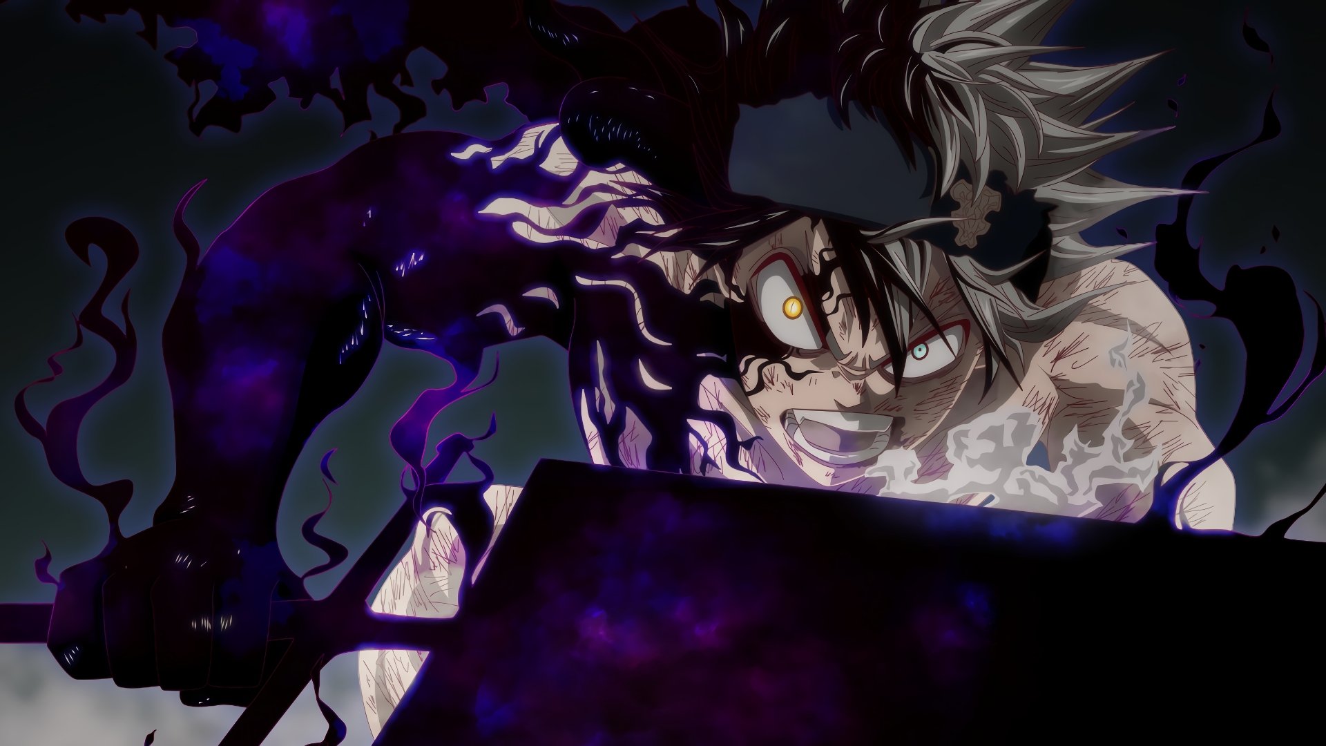 HD wallpaper featuring Asta from the anime Black Clover, depicted with intense colors and dramatic lighting, showcasing his fierce expression and dark aura.