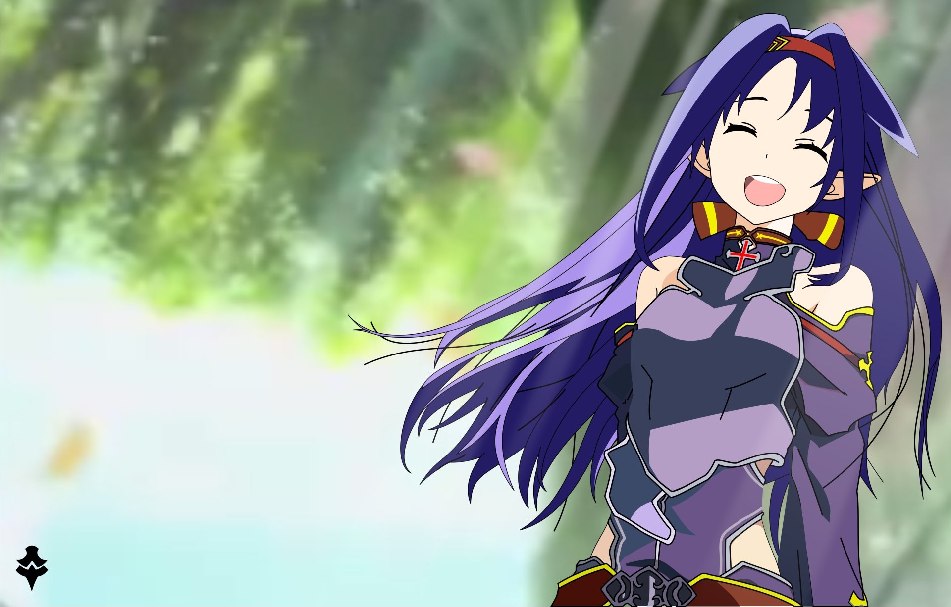 Yuuki Konno from Sword Art Online II smiling with long purple hair against a sunlit forest backdrop — 5K Ultra HD anime PC desktop wallpaper