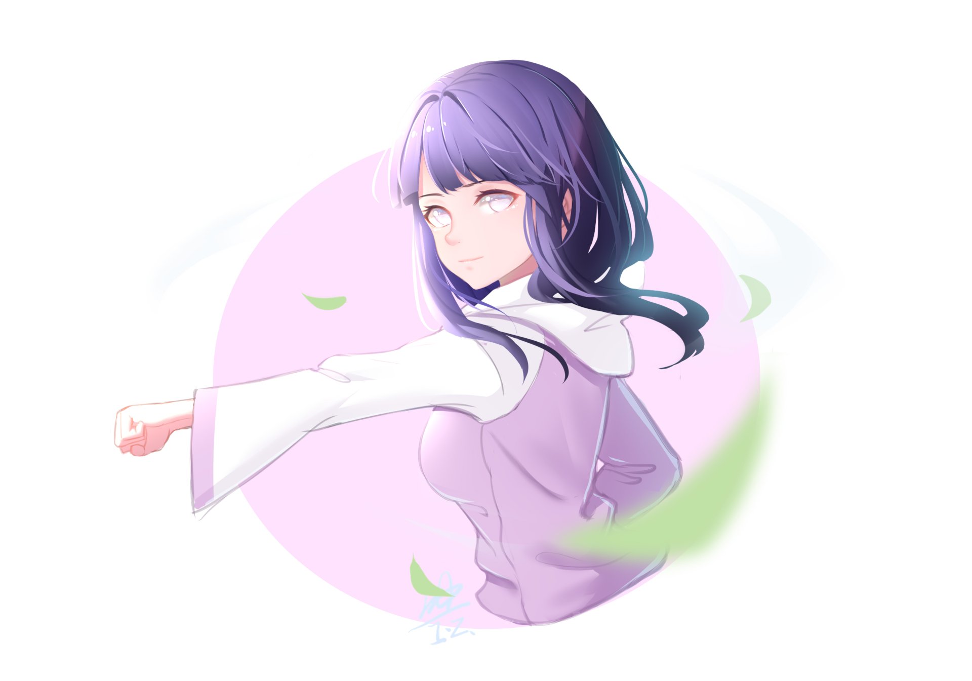 Hinata Hyuga (Naruto) in a soft pastel 4K Ultra HD PC desktop wallpaper: three-quarter pose, lavender hoodie, gentle gaze, pink circular backdrop with floating leaves.
