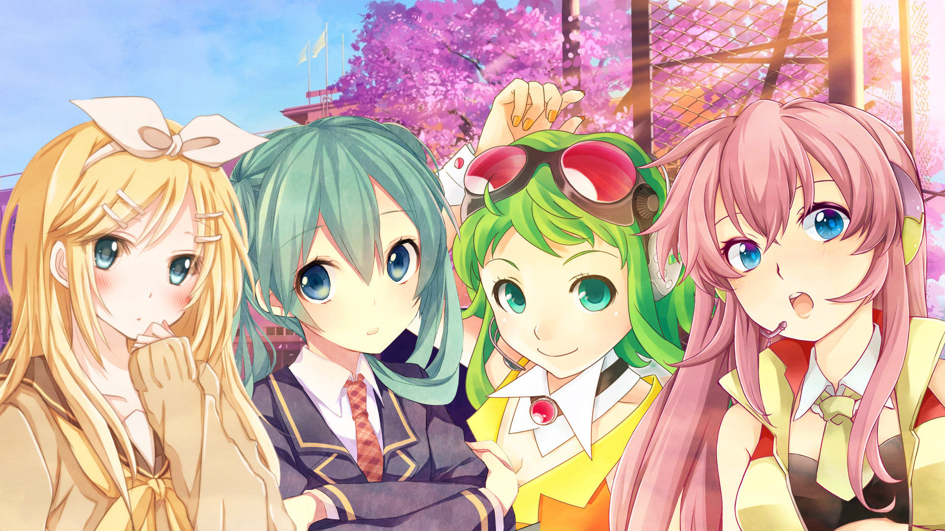 HD anime desktop wallpaper featuring Vocaloid characters Rin Kagamine, Hatsune Miku, Gumiya, and Luka Megurine with cherry blossoms in the background.