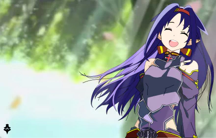 Yuuki Konno from Sword Art Online II smiling with long purple hair against a sunlit forest backdrop — 5K Ultra HD anime PC desktop wallpaper
