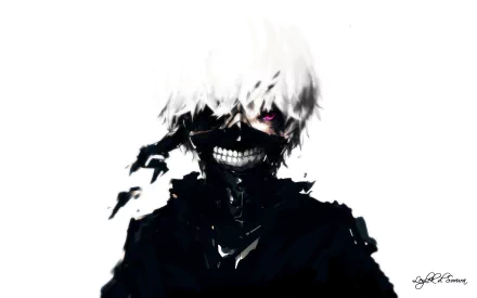 HD PC desktop wallpaper featuring Ken Kaneki from the anime Tokyo Ghoul, showcasing his iconic white hair and masked face with a dark, intense background.