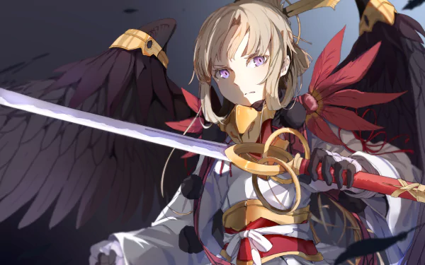 Nogi Wakaba from Yuki Yuna is a Hero anime, poised with a glowing sword and dark wings, set against a dramatic HD desktop wallpaper background.