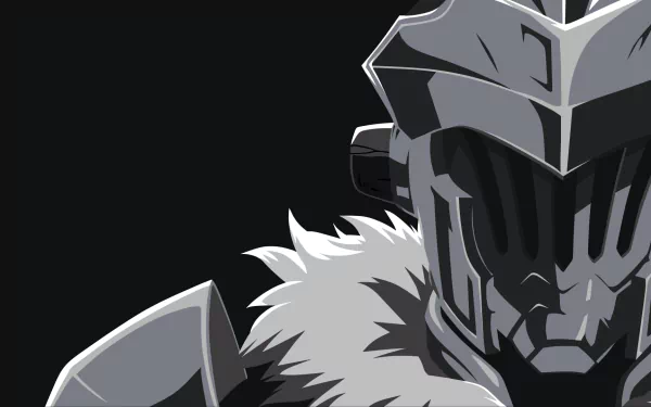 Minimalist HD desktop wallpaper of Goblin Slayer, featuring a close-up of the character in grayscale armor against a dark background.