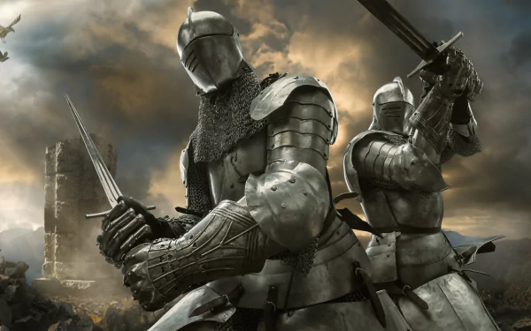 Two armored fantasy knights wield swords against a dramatic cloudy sky, captured in stunning 8K Ultra HD detail as a powerful warrior-themed PC desktop wallpaper.