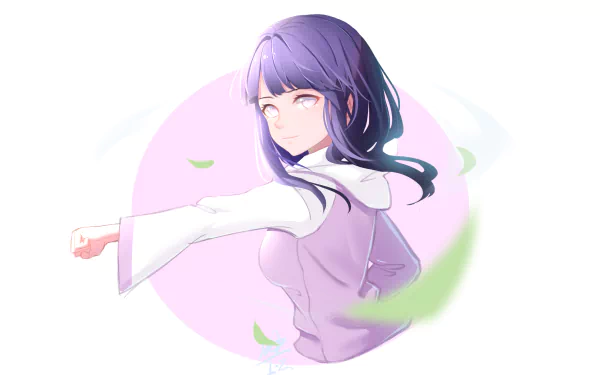 Hinata Hyuga (Naruto) in a soft pastel 4K Ultra HD PC desktop wallpaper: three-quarter pose, lavender hoodie, gentle gaze, pink circular backdrop with floating leaves.