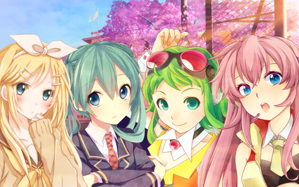 HD anime desktop wallpaper featuring Vocaloid characters Rin Kagamine, Hatsune Miku, Gumiya, and Luka Megurine with cherry blossoms in the background.