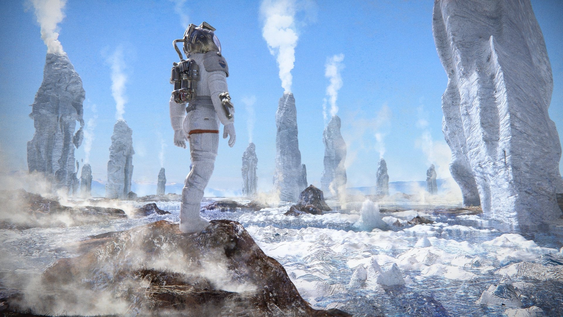 An astronaut stands on an icy alien landscape with tall, steaming geysers in the background. Sci-fi HD desktop wallpaper and background.