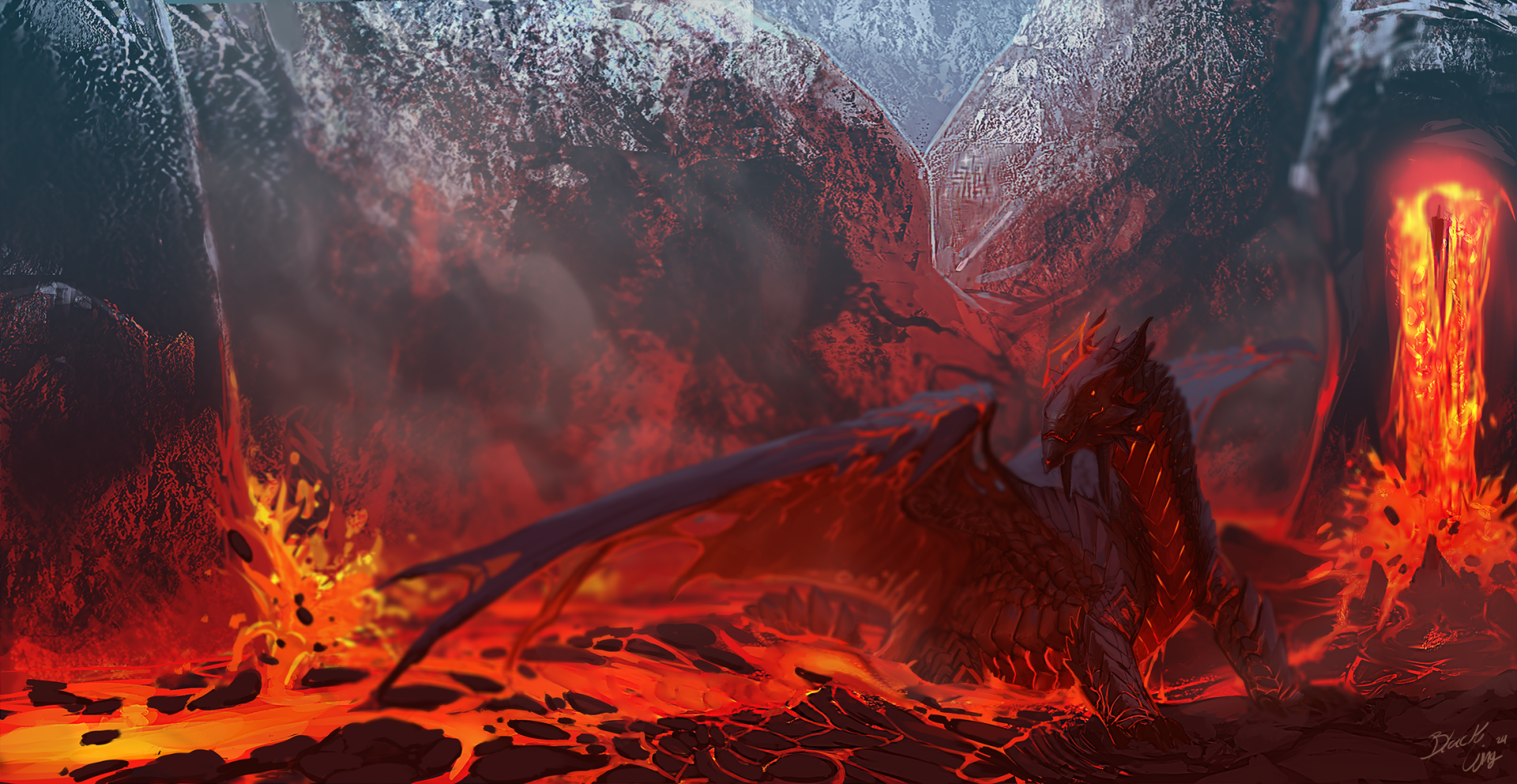 HD PC desktop wallpaper depicting a fierce fantasy dragon perched amid glowing lava and smoky volcanic terrain.