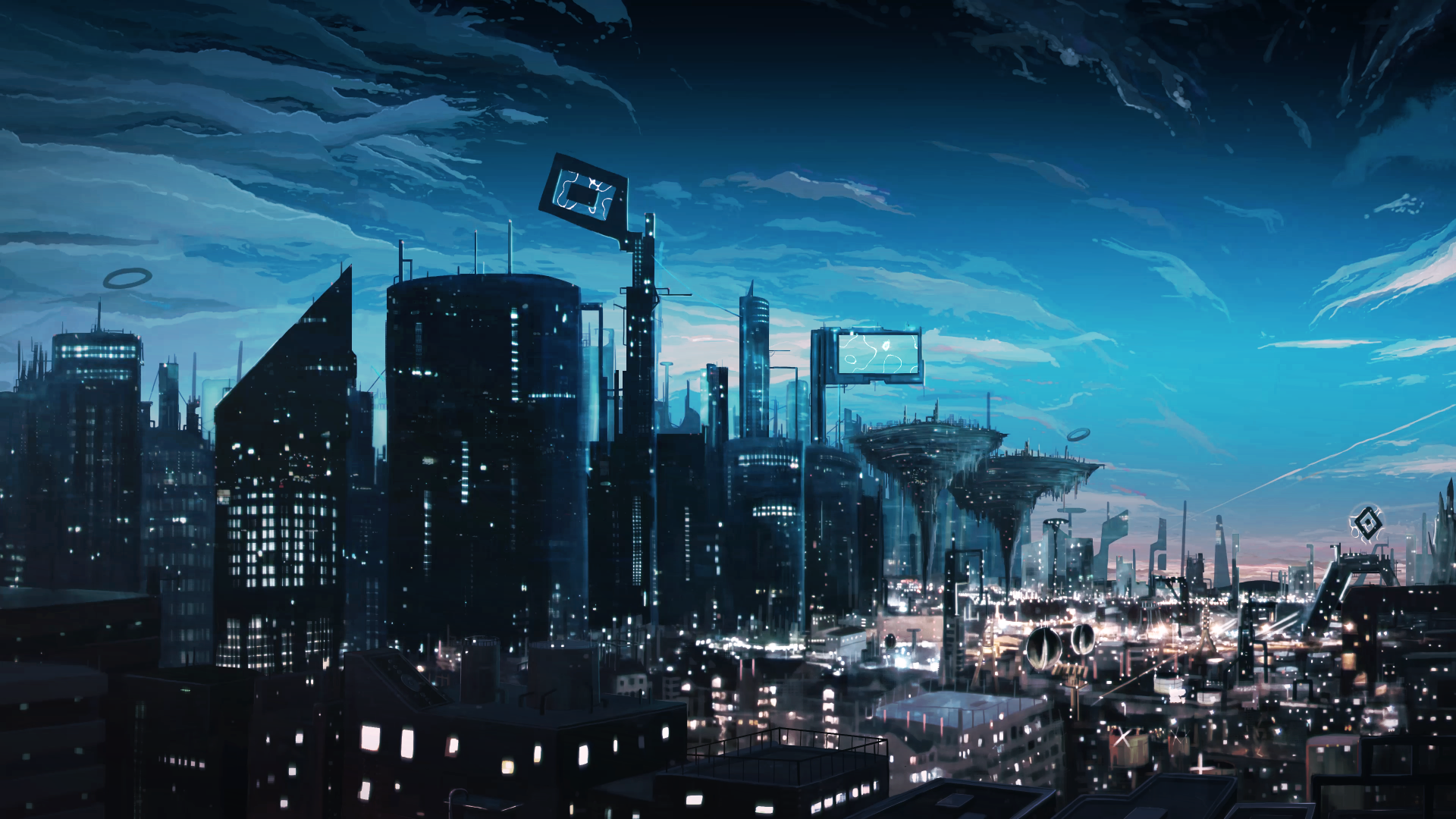 HD anime cityscape desktop wallpaper, showcasing futuristic skyscrapers and a glowing skyline under a vivid, dramatic sky.
