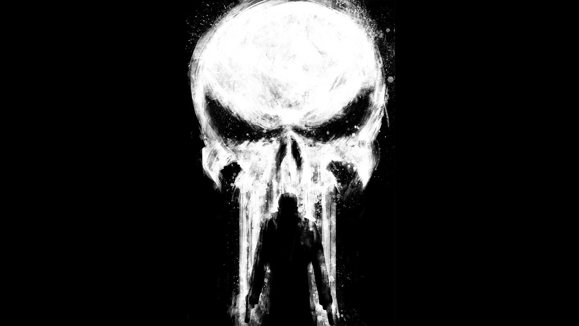 4K Ultra HD comic-style wallpaper featuring the iconic Punisher skull emblem in a bold, high-contrast black and white design for PC desktop backgrounds.