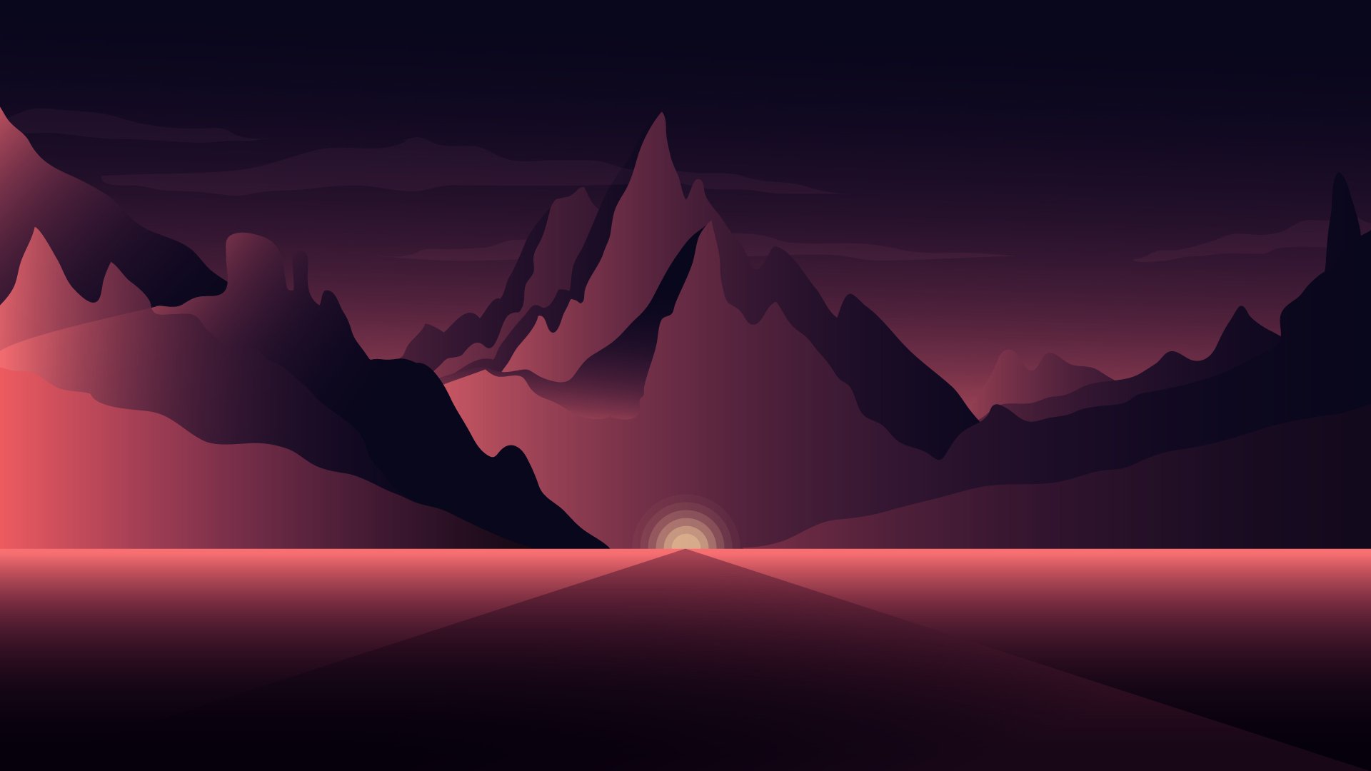 Minimalist 4K Ultra HD desktop wallpaper featuring an artistic purple mountain landscape with a glowing horizon under a dark sky.