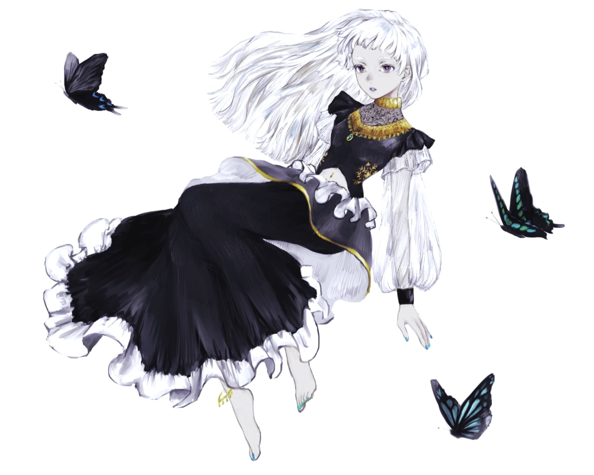 Anime-style HD desktop wallpaper featuring an original character with long white hair in a flowing black dress, surrounded by blue and black butterflies.