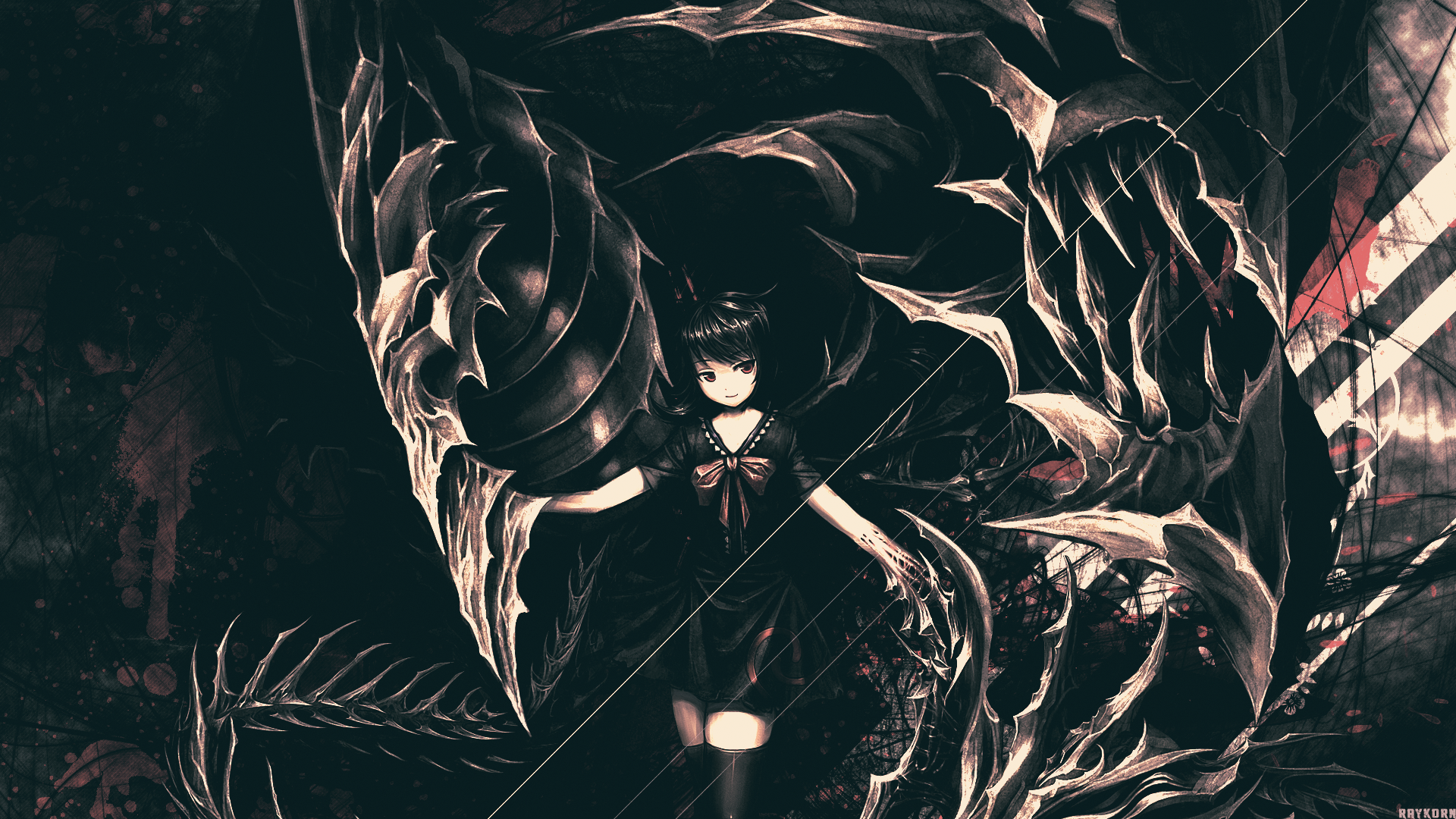 HD desktop wallpaper featuring Nue Houjuu from the anime Touhou. The dark, intricate design showcases her eerie, otherworldly presence with a striking black and red color palette.